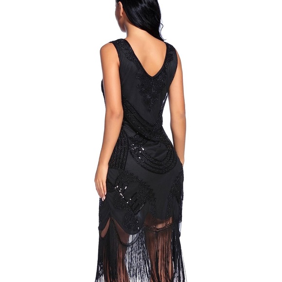 NWT  1920s Gatsby Dress V Neck Sequin Bead Fringed Cocktail Hem Flapper Dress - Picture 4 of 12